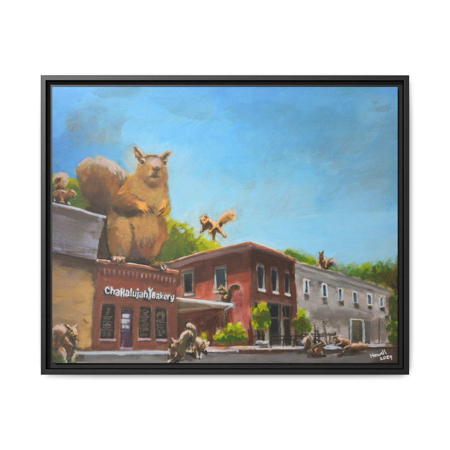 Squirrel on the Bakery - Framed Giclée Canvas Print