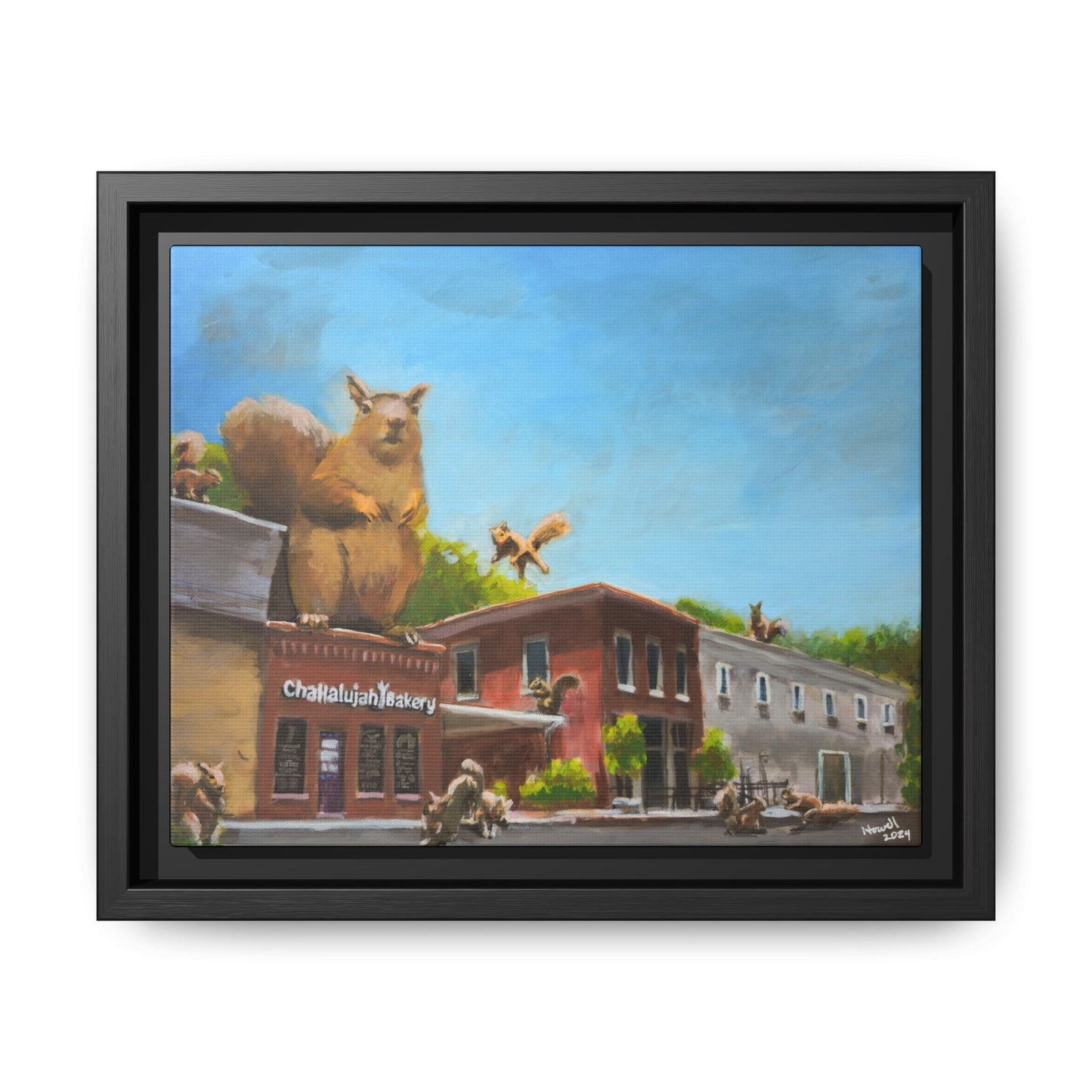 Squirrel on the Bakery - Framed Giclée Canvas Print