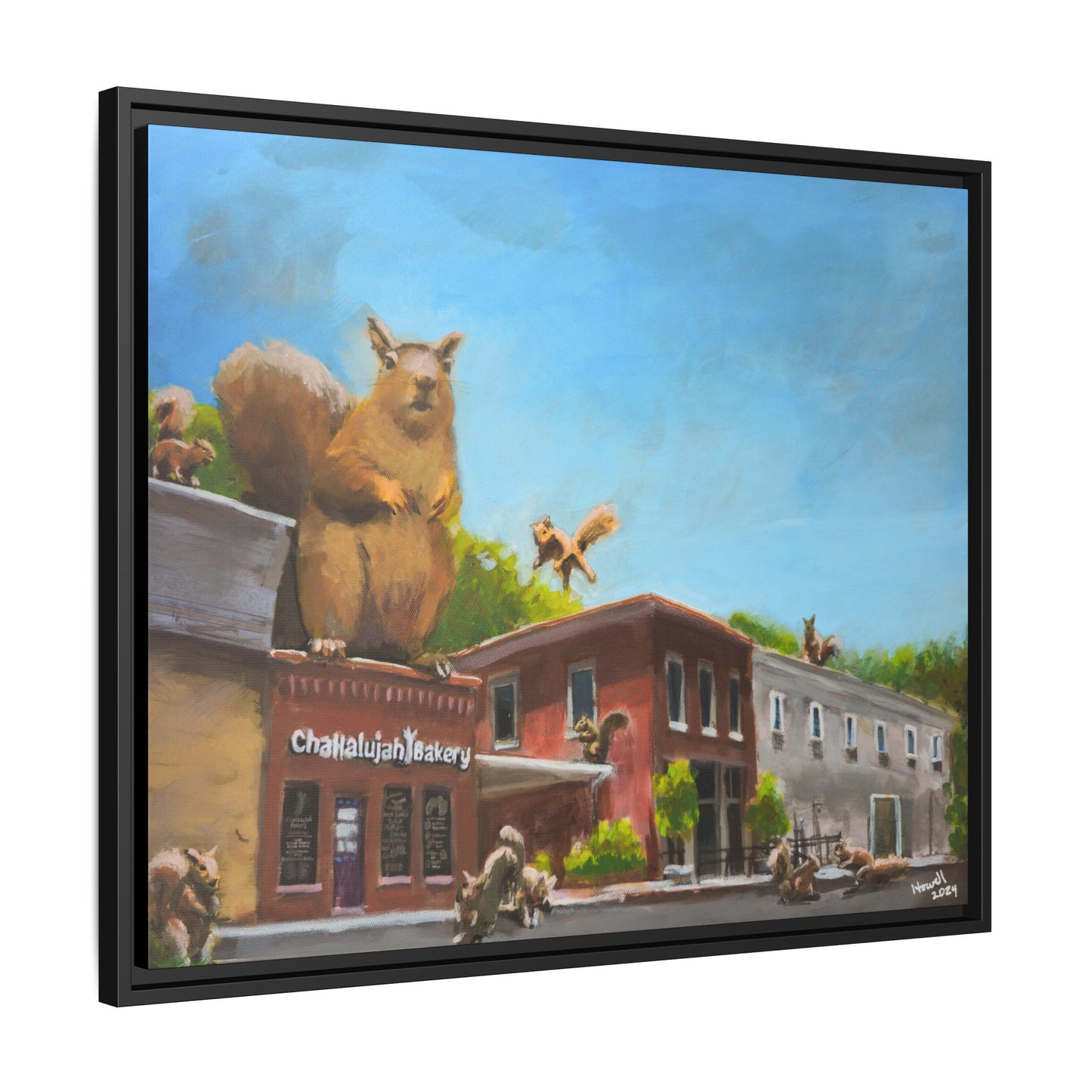Squirrel on the Bakery - Framed Giclée Canvas Print