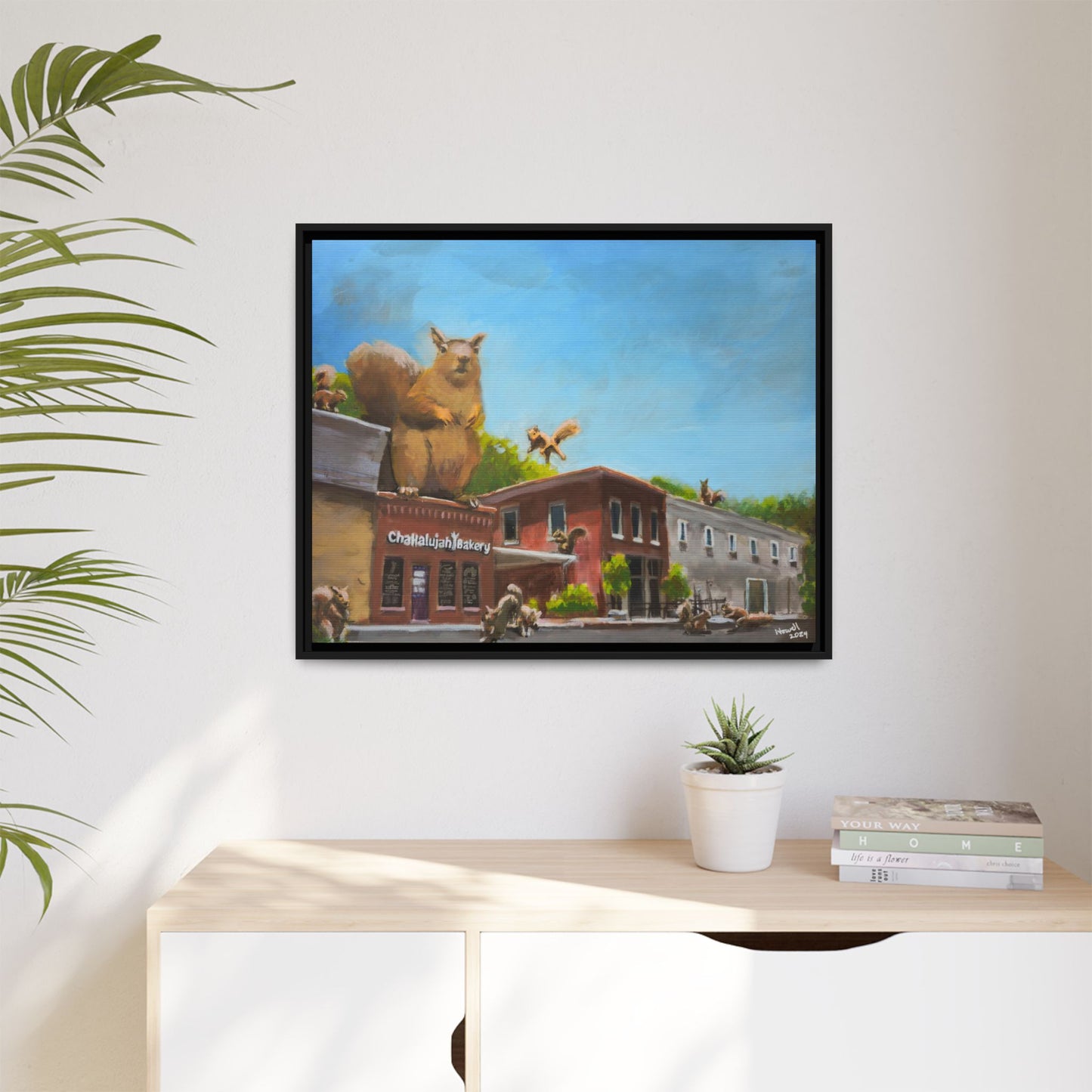 Squirrel on the Bakery - Framed Giclée Canvas Print