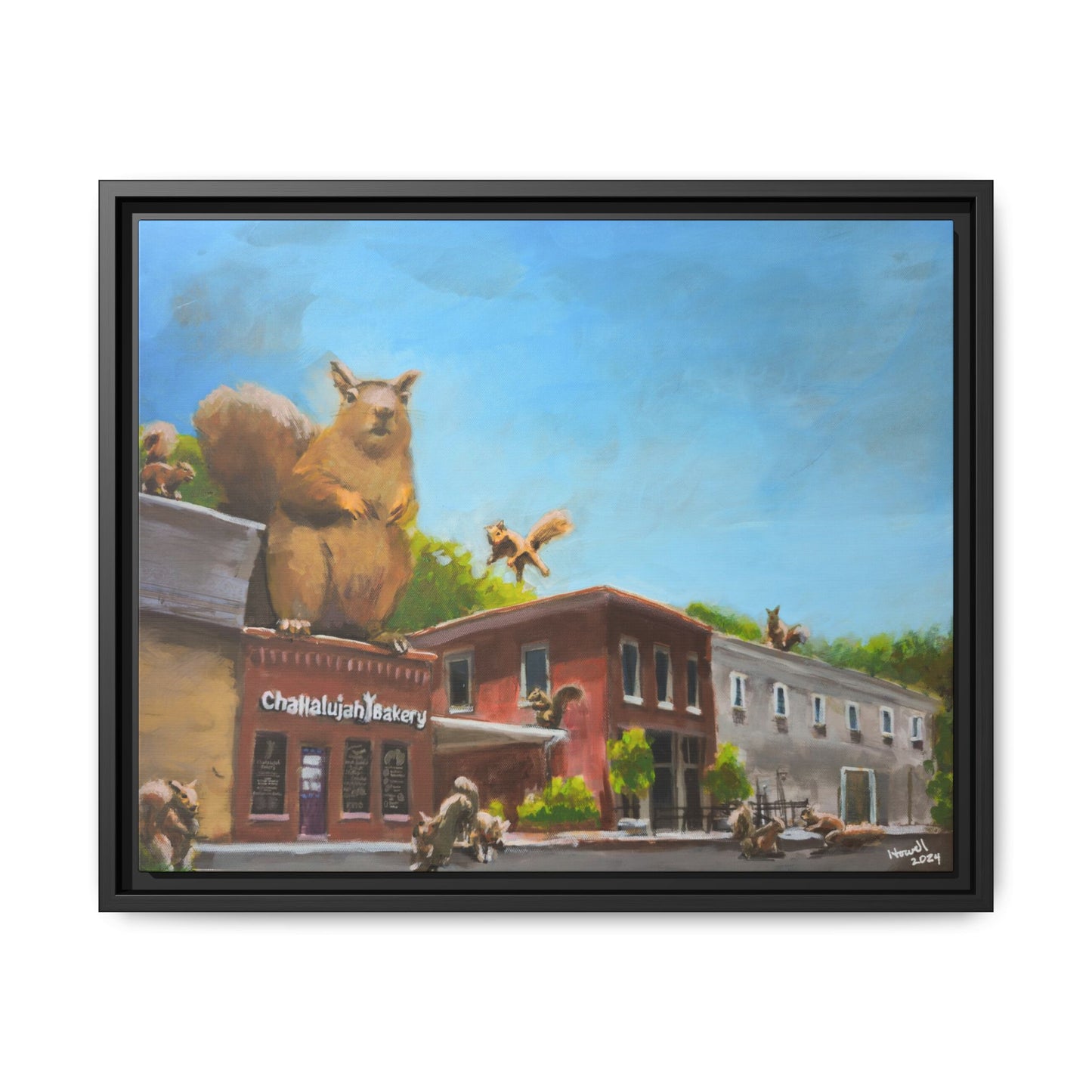 Squirrel on the Bakery - Framed Giclée Canvas Print