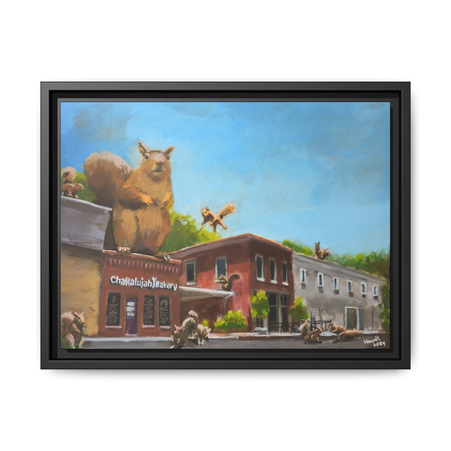 Squirrel on the Bakery - Framed Giclée Canvas Print